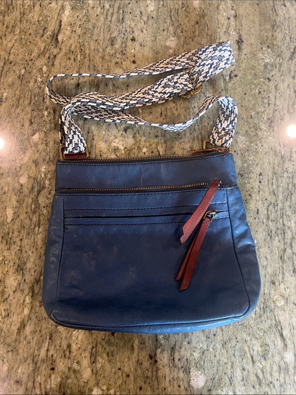 Fossil Blue Leather Crossbody with Woven Strap and Brown Accents